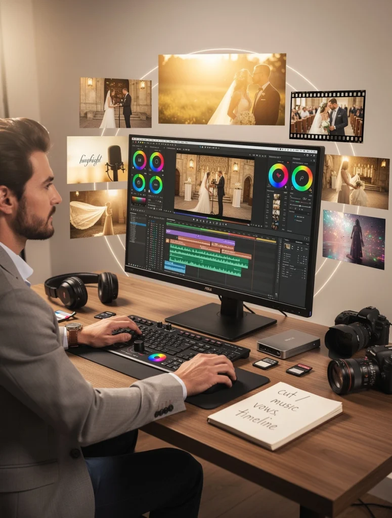 un photographe est installé à son bureau et est en train de monter une vidéo de mariage